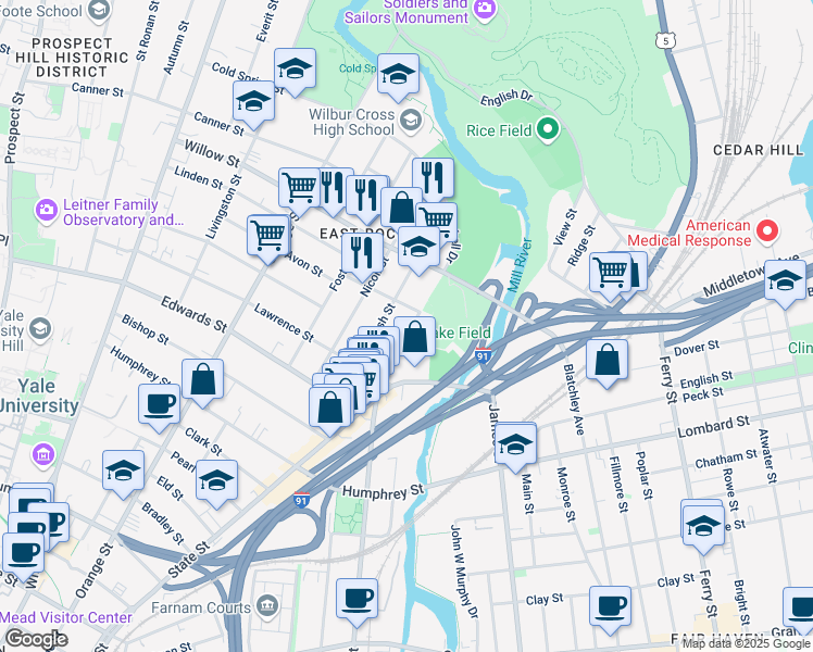 map of restaurants, bars, coffee shops, grocery stores, and more near 98 Eagle Street in New Haven