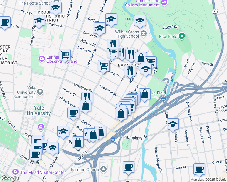 map of restaurants, bars, coffee shops, grocery stores, and more near 20 Cottage Street in New Haven