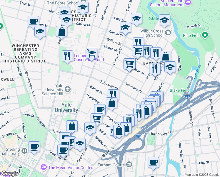map of restaurants, bars, coffee shops, grocery stores, and more near 205 Edwards Street in New Haven