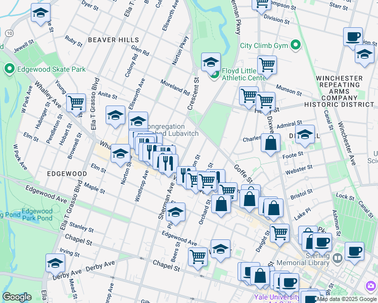 map of restaurants, bars, coffee shops, grocery stores, and more near 379 Sherman Avenue in New Haven