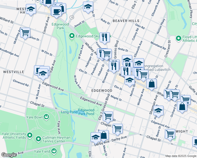 map of restaurants, bars, coffee shops, grocery stores, and more near 97 Pendleton Street in New Haven