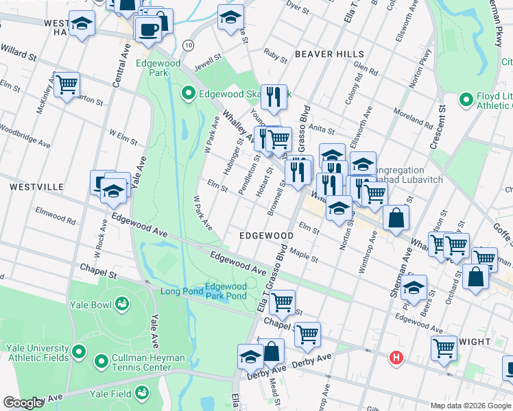 map of restaurants, bars, coffee shops, grocery stores, and more near 97 Pendleton Street in New Haven