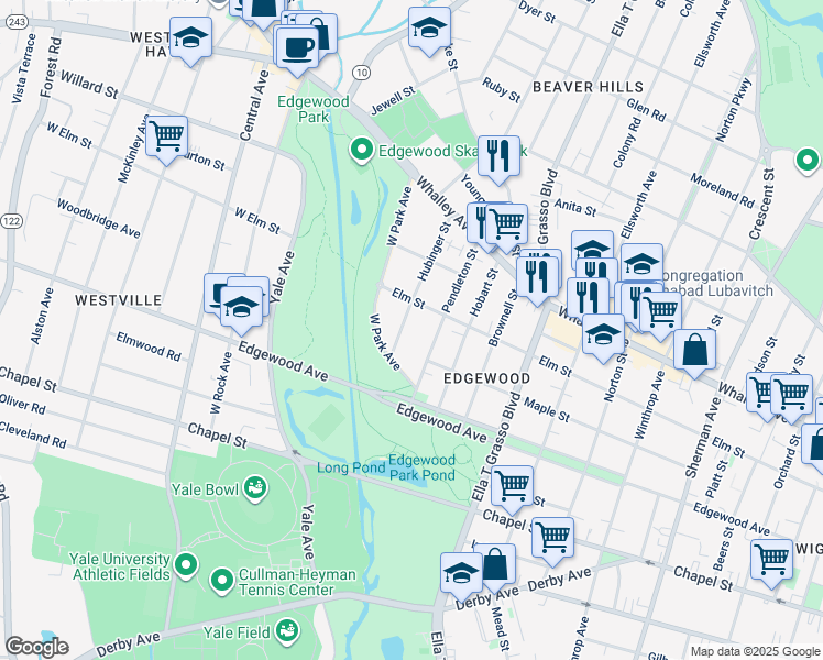 map of restaurants, bars, coffee shops, grocery stores, and more near 971 Elm Street in New Haven