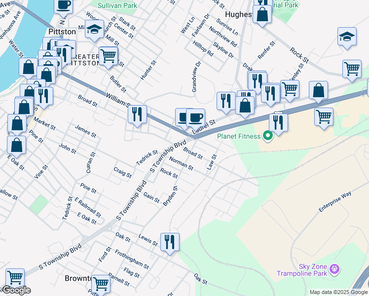 map of restaurants, bars, coffee shops, grocery stores, and more near 651 William Street in Pittston