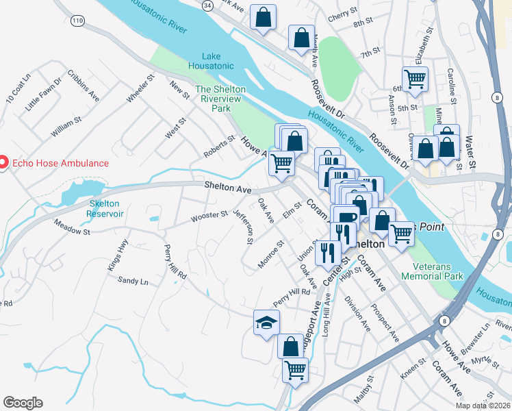 map of restaurants, bars, coffee shops, grocery stores, and more near 130 Oak Avenue in Shelton