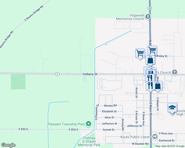 map of restaurants, bars, coffee shops, grocery stores, and more near 924 West Indiana Street in Kouts