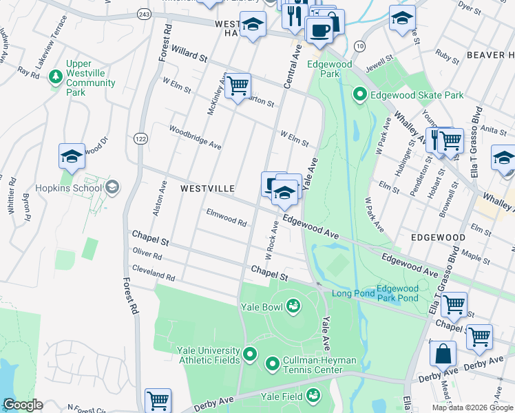 map of restaurants, bars, coffee shops, grocery stores, and more near Central Ave & Edgewood Ave in New Haven