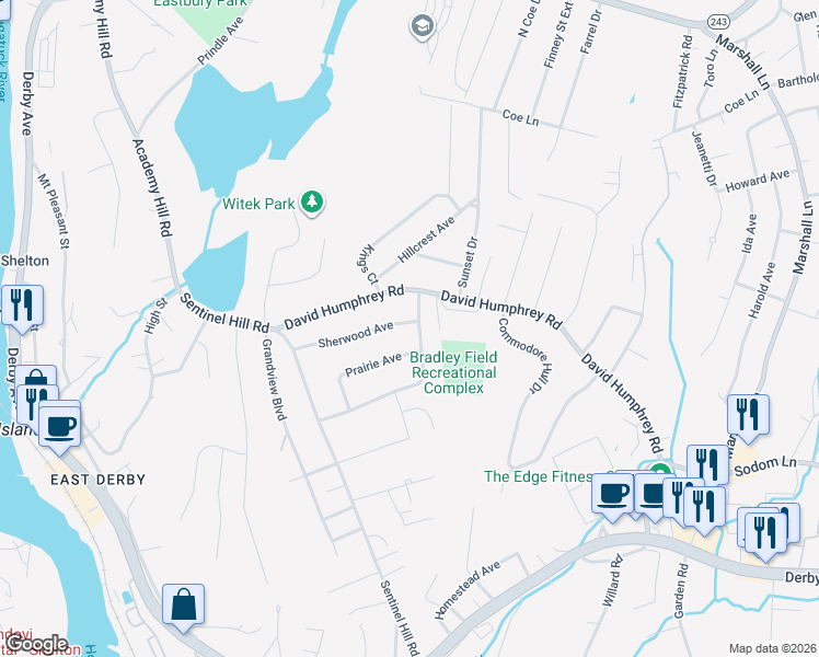 map of restaurants, bars, coffee shops, grocery stores, and more near 159 Pleasant View Road in Derby