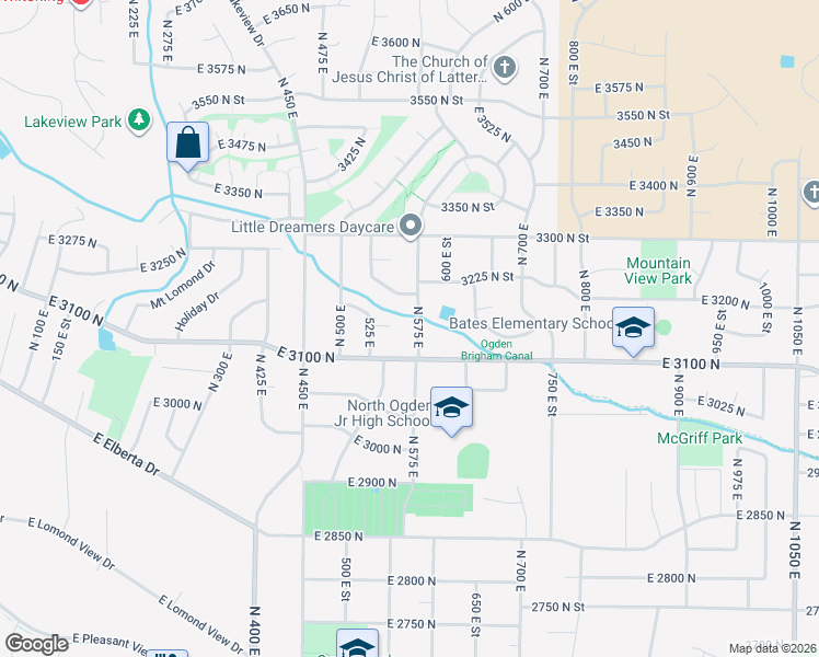 map of restaurants, bars, coffee shops, grocery stores, and more near 3135 North 575 East in Ogden