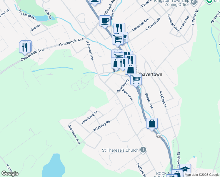 map of restaurants, bars, coffee shops, grocery stores, and more near 122 North Pioneer Avenue in Shavertown