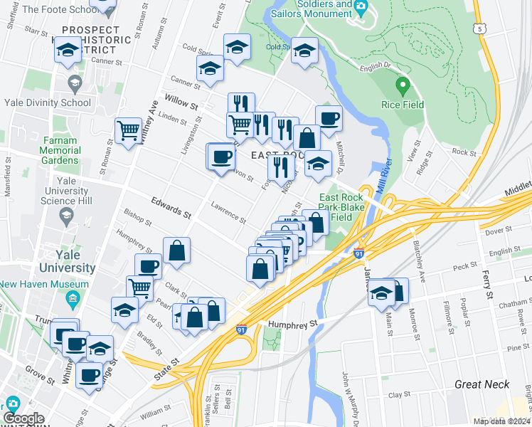 map of restaurants, bars, coffee shops, grocery stores, and more near 81 Foster Street in New Haven