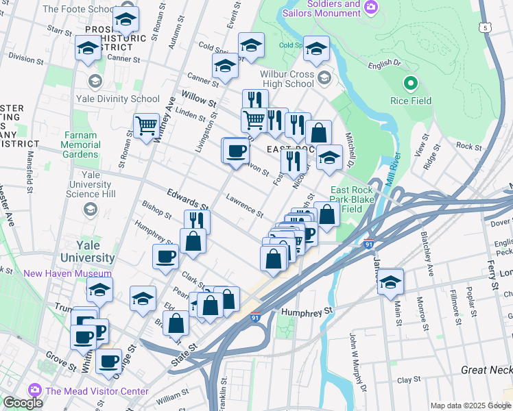 map of restaurants, bars, coffee shops, grocery stores, and more near 20 Cottage Street in New Haven