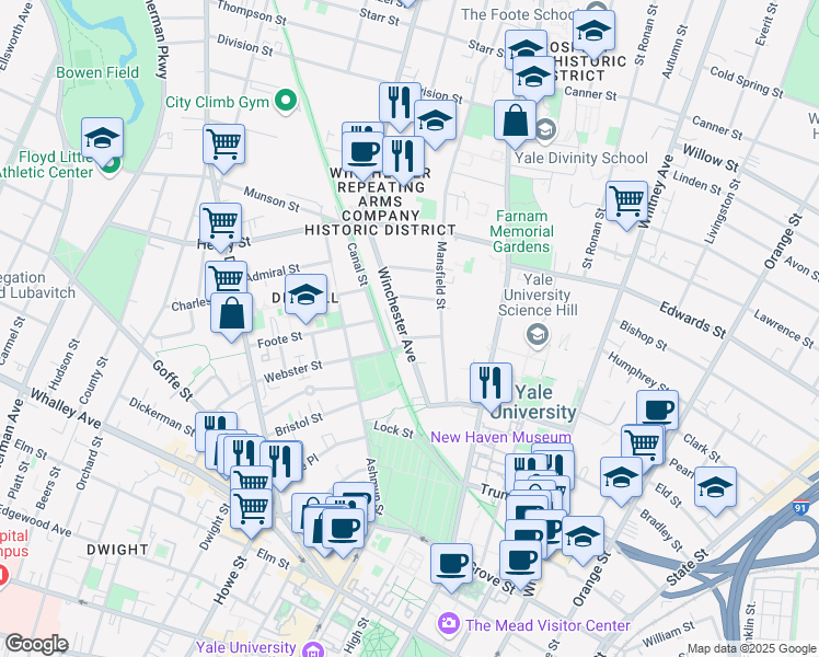 map of restaurants, bars, coffee shops, grocery stores, and more near 26 Woodland Street in New Haven