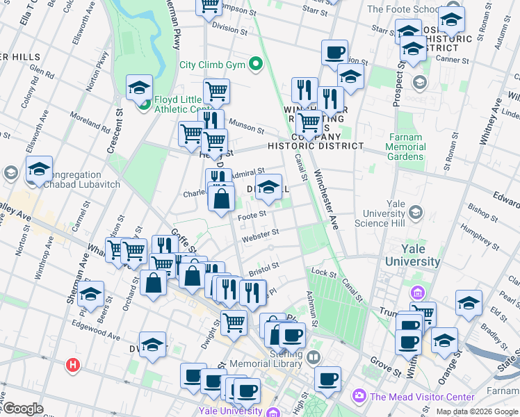 map of restaurants, bars, coffee shops, grocery stores, and more near in New Haven