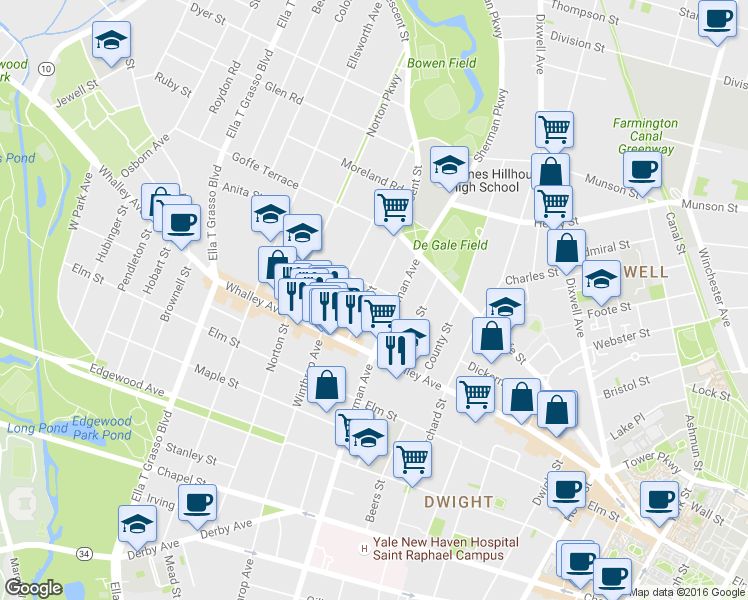 map of restaurants, bars, coffee shops, grocery stores, and more near 67 Carmel Street in New Haven