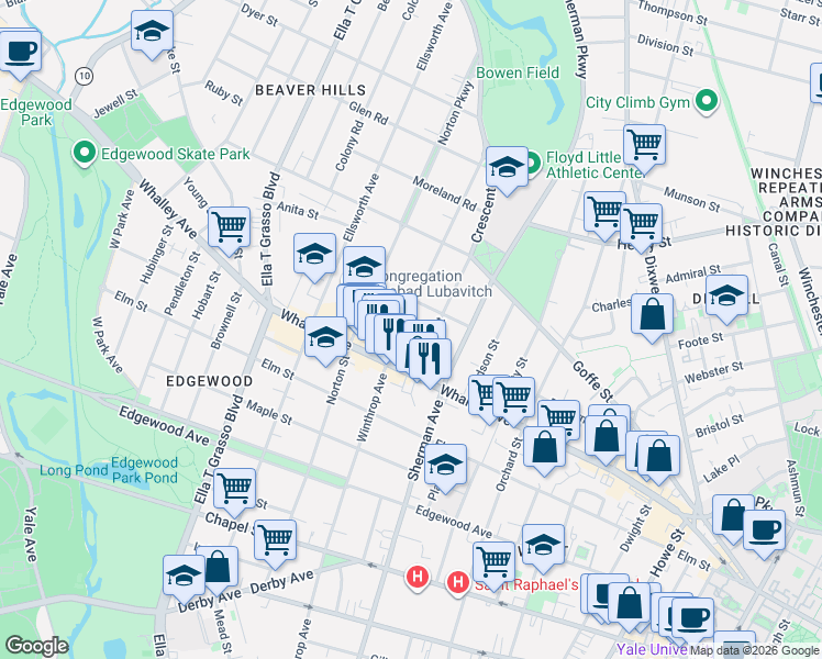 map of restaurants, bars, coffee shops, grocery stores, and more near 513 Winthrop Avenue in New Haven