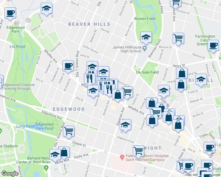 map of restaurants, bars, coffee shops, grocery stores, and more near 287 Norton Street in New Haven