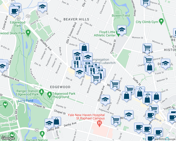map of restaurants, bars, coffee shops, grocery stores, and more near 287 Norton Street in New Haven