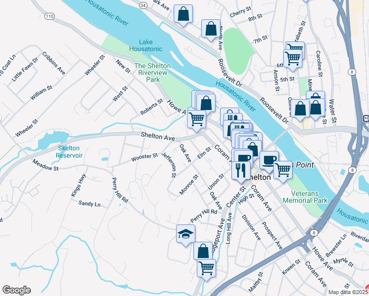 map of restaurants, bars, coffee shops, grocery stores, and more near 75 Wooster Street in Shelton