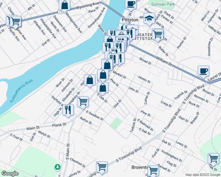 map of restaurants, bars, coffee shops, grocery stores, and more near 6 Cherry Alley in Pittston