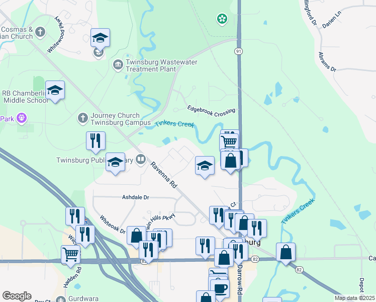 map of restaurants, bars, coffee shops, grocery stores, and more near 2674 Arbor Glen Drive in Twinsburg