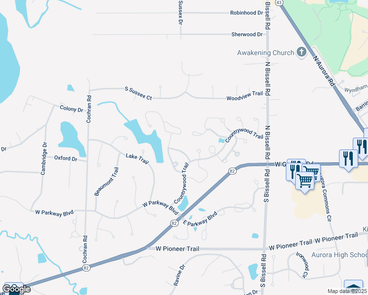 map of restaurants, bars, coffee shops, grocery stores, and more near 159 Deerfield Lane in Aurora