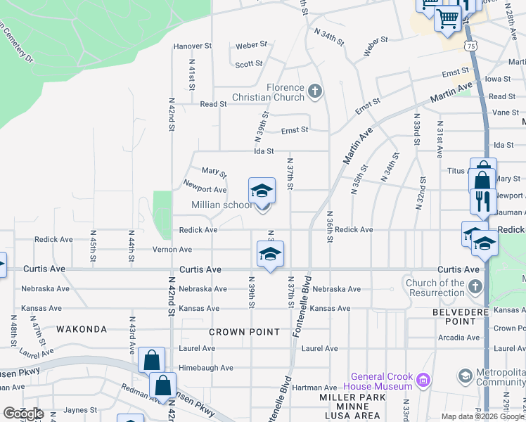map of restaurants, bars, coffee shops, grocery stores, and more near 3802 Redick Avenue in Omaha