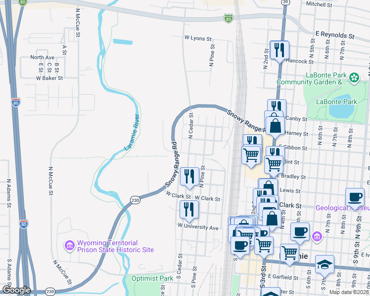 map of restaurants, bars, coffee shops, grocery stores, and more near 699 North Cedar Street in Laramie