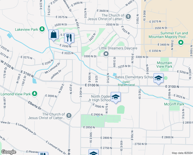 map of restaurants, bars, coffee shops, grocery stores, and more near 548 3150 North in North Ogden