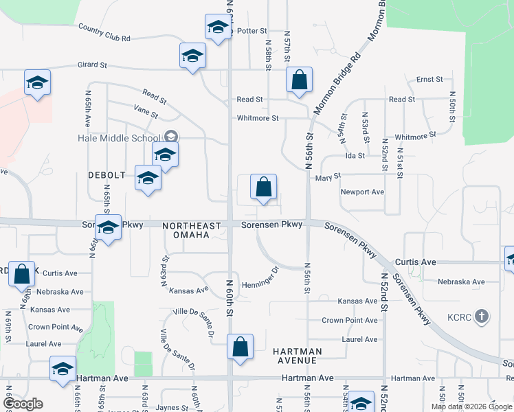 map of restaurants, bars, coffee shops, grocery stores, and more near Bauman Plaza in Omaha