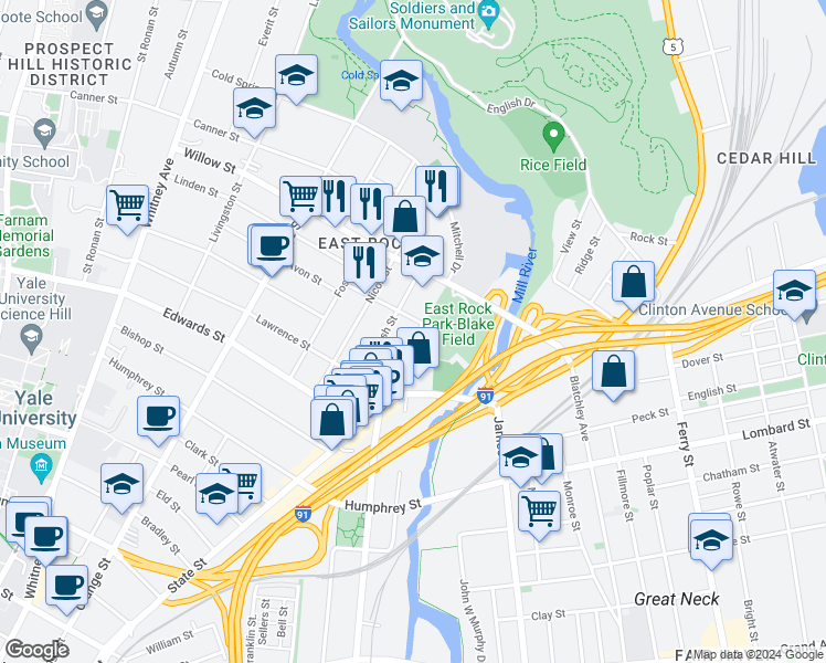map of restaurants, bars, coffee shops, grocery stores, and more near 84 Mechanic Street in New Haven