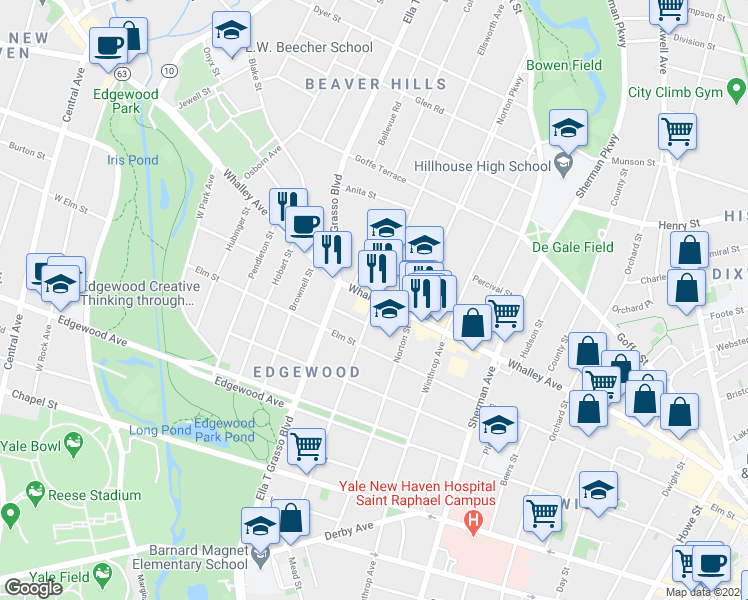 map of restaurants, bars, coffee shops, grocery stores, and more near 432 Whalley Avenue in New Haven