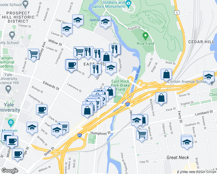 map of restaurants, bars, coffee shops, grocery stores, and more near 82 Mechanic Street in New Haven