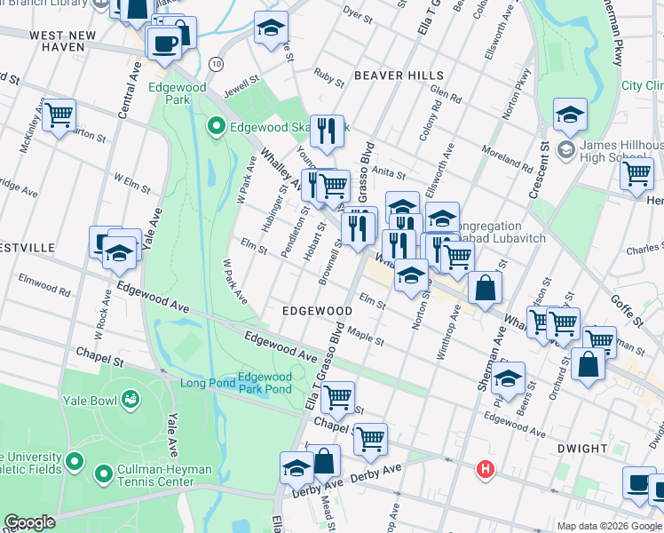 map of restaurants, bars, coffee shops, grocery stores, and more near 112 Brownell Street in New Haven