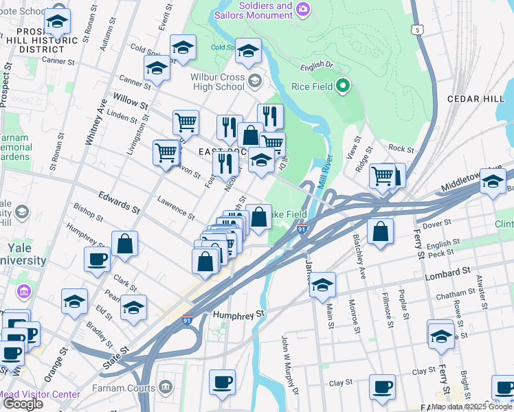map of restaurants, bars, coffee shops, grocery stores, and more near 98 Eagle Street in New Haven