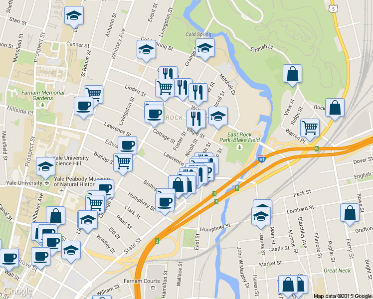map of restaurants, bars, coffee shops, grocery stores, and more near 81 Foster Street in New Haven