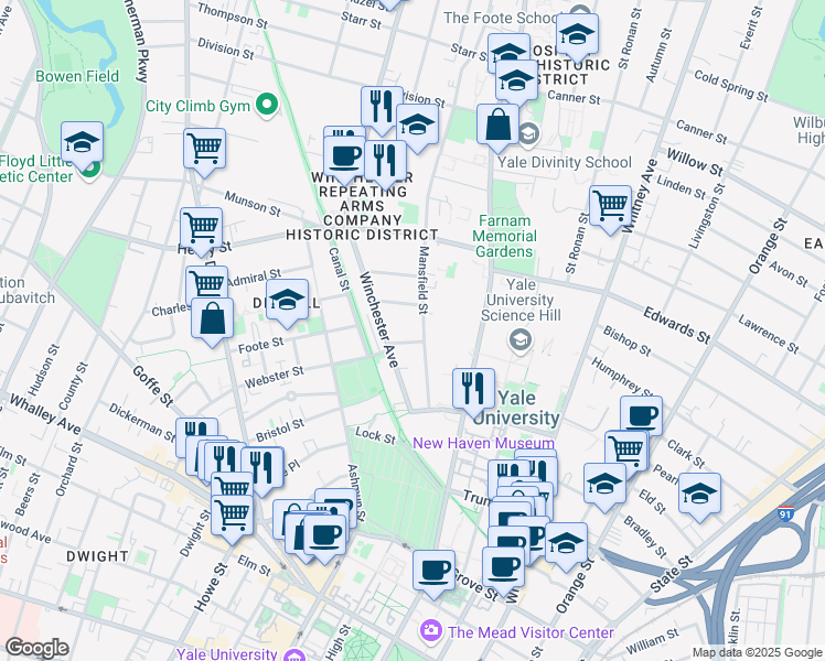 map of restaurants, bars, coffee shops, grocery stores, and more near 26 Woodland Street in New Haven