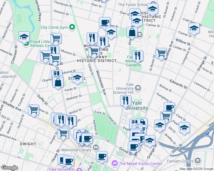 map of restaurants, bars, coffee shops, grocery stores, and more near 26 Woodland Street in New Haven