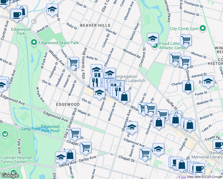 map of restaurants, bars, coffee shops, grocery stores, and more near 287 Norton Street in New Haven