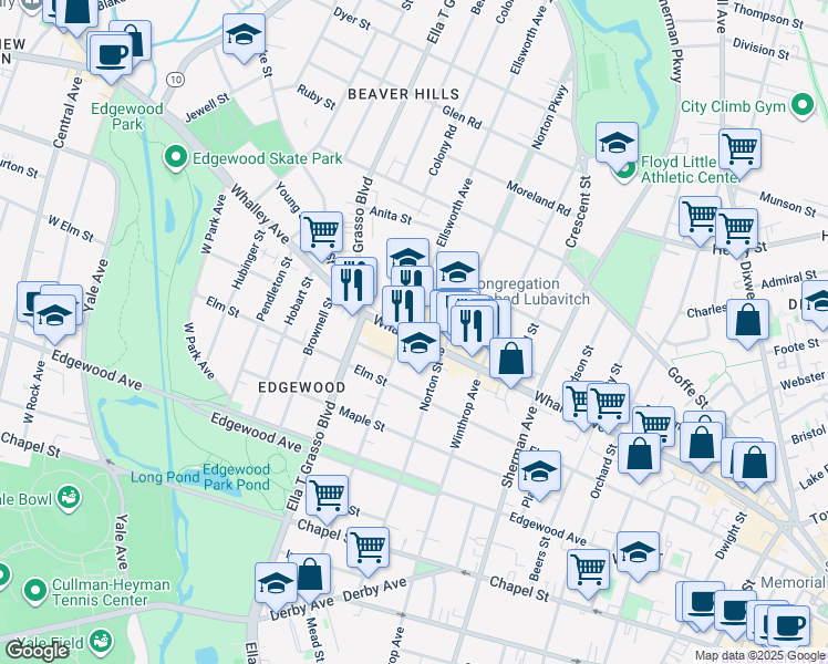 map of restaurants, bars, coffee shops, grocery stores, and more near 333 Ellsworth Avenue in New Haven