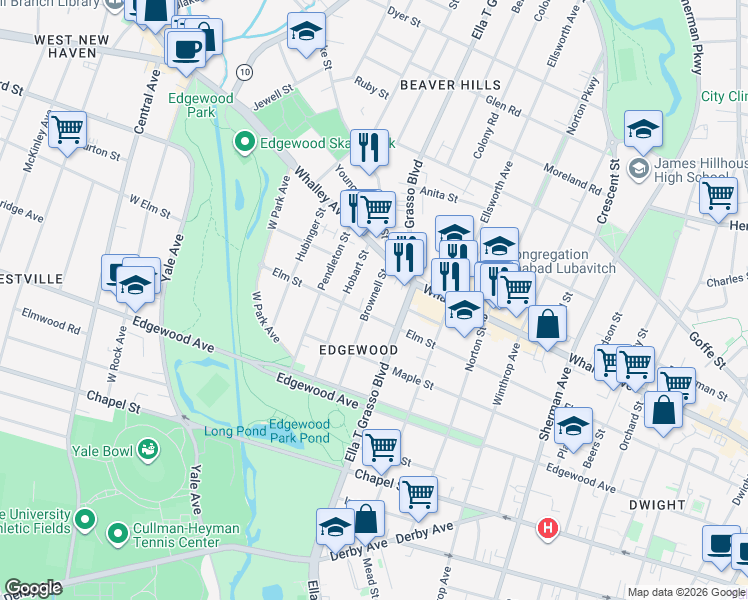 map of restaurants, bars, coffee shops, grocery stores, and more near 112 Brownell Street in New Haven