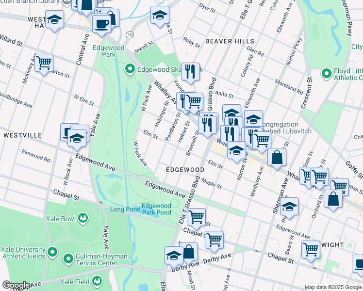 map of restaurants, bars, coffee shops, grocery stores, and more near 97 Pendleton Street in New Haven