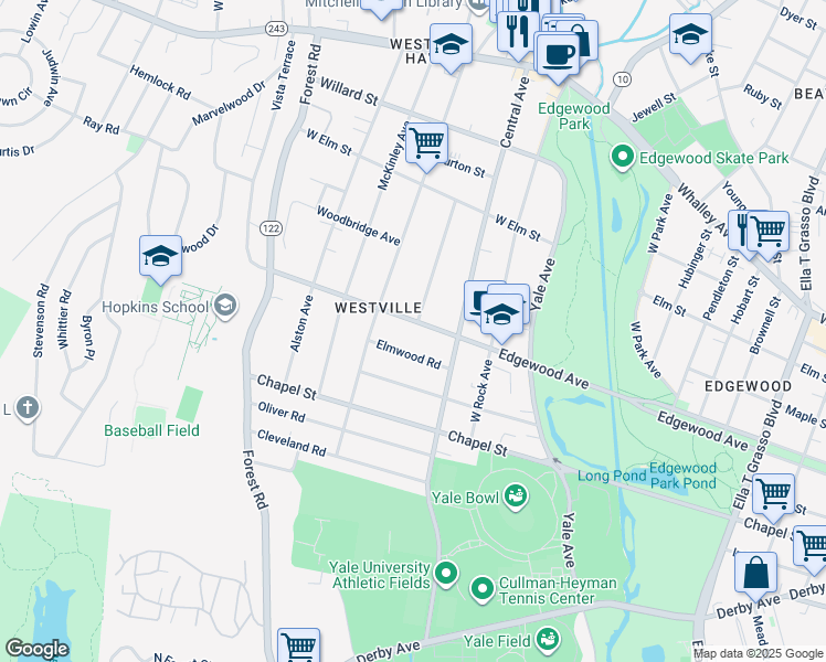 map of restaurants, bars, coffee shops, grocery stores, and more near 10 Marvel Road in New Haven