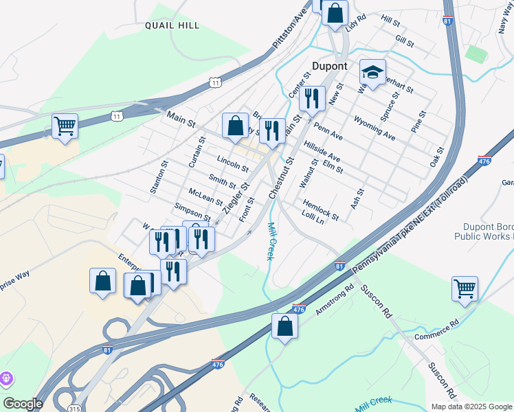 map of restaurants, bars, coffee shops, grocery stores, and more near 58 1st Street in Pittston