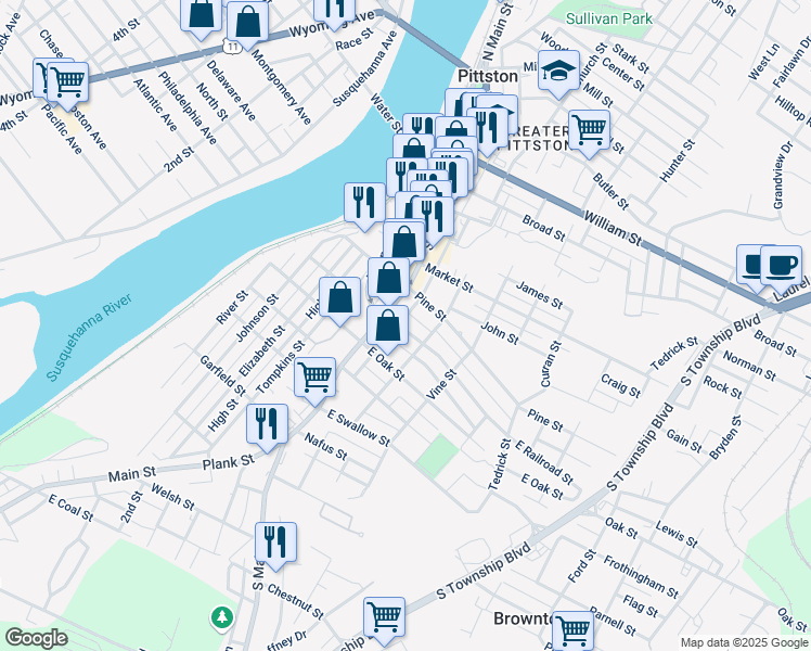 map of restaurants, bars, coffee shops, grocery stores, and more near 6 Cherry Alley in Pittston