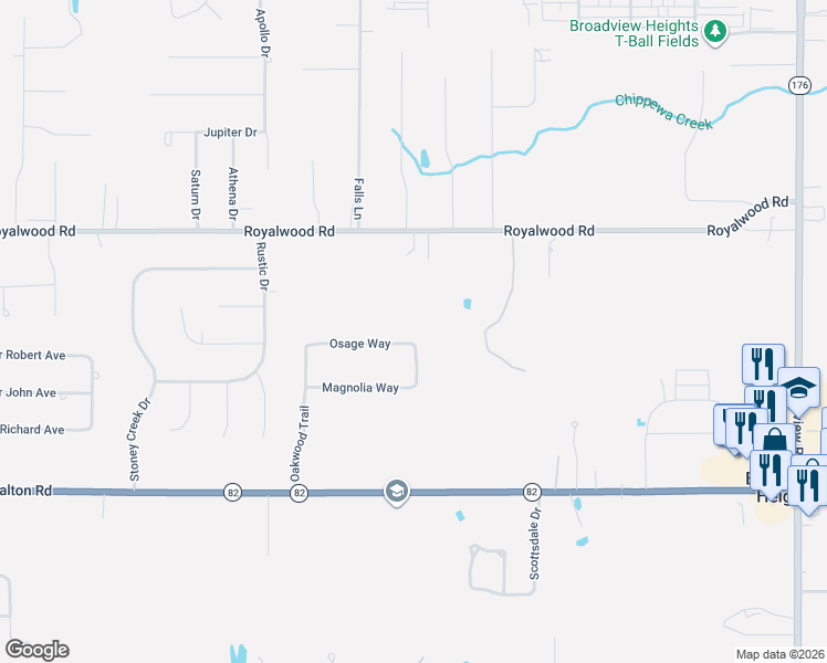 map of restaurants, bars, coffee shops, grocery stores, and more near 3056 Osage Way in Broadview Heights