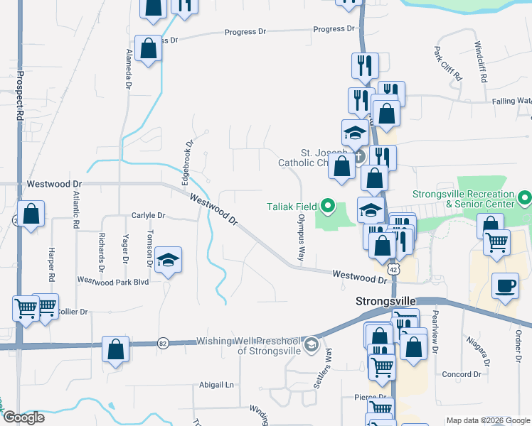 map of restaurants, bars, coffee shops, grocery stores, and more near 19703 Dell Drive in Strongsville