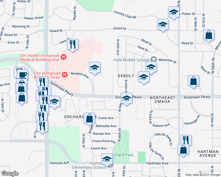 map of restaurants, bars, coffee shops, grocery stores, and more near 6759 Newport Avenue in Omaha