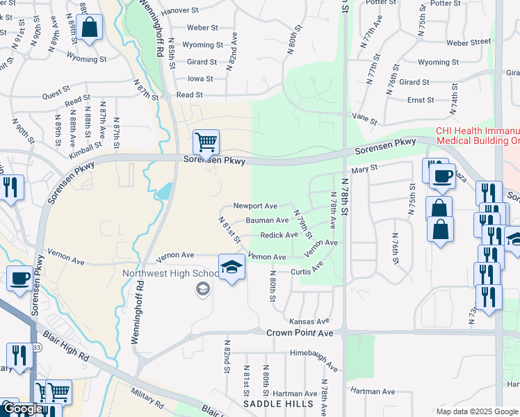 map of restaurants, bars, coffee shops, grocery stores, and more near 8018 Newport Avenue in Omaha