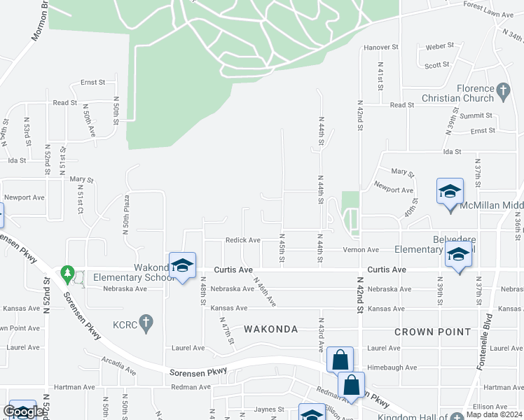 map of restaurants, bars, coffee shops, grocery stores, and more near North 46th Street in Omaha